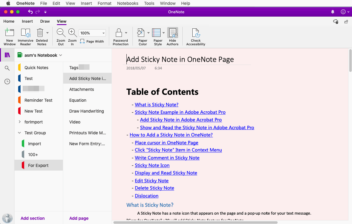 onenote for mac sections on left